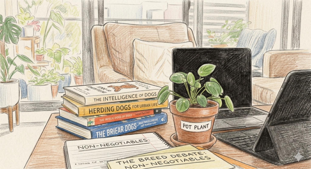 An illustration capturing the intense herding dog research phase, including the handwritten 'Non-Negotiables' list and the 'Pot Plant' recommended by flawed algorithms, used when choosing the right dog breed.