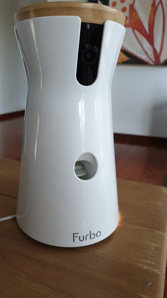 A close-up vertical shot of a white Furbo 360° Dog Camera sitting on a wooden table. The camera has a sleek, tapered white body with a black lens at the top and a circular opening in the middle for tossing treats. The top is finished with a light-coloured bamboo lid. In the background, a colourful abstract painting is partially visible on a white wall.