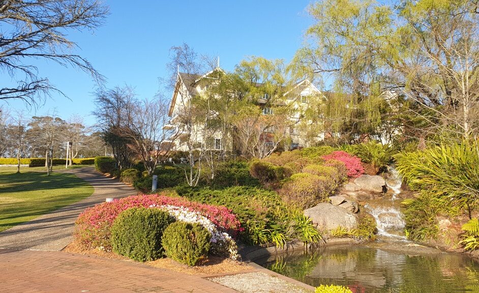 A bright, sunny landscape of the Fairmont Resort gardens in the Blue Mountains. A small waterfall cascades over rocks into a clear pond in the foreground. Vibrant pink and white azaleas are in full bloom next to a winding paved path. A large, multi-story cream-colored hotel building is visible behind a canopy of light green willow trees under a clear blue sky