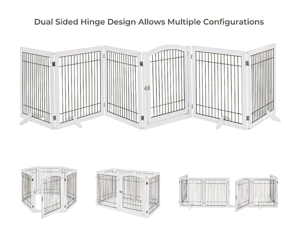 Product showcase image featuring the Modern Pets Wooden Dog Pen in white. The main image shows a six-panel gate in a zigzag configuration, with three smaller inset images at the bottom demonstrating hexagonal, rectangular, and wide-barrier setups