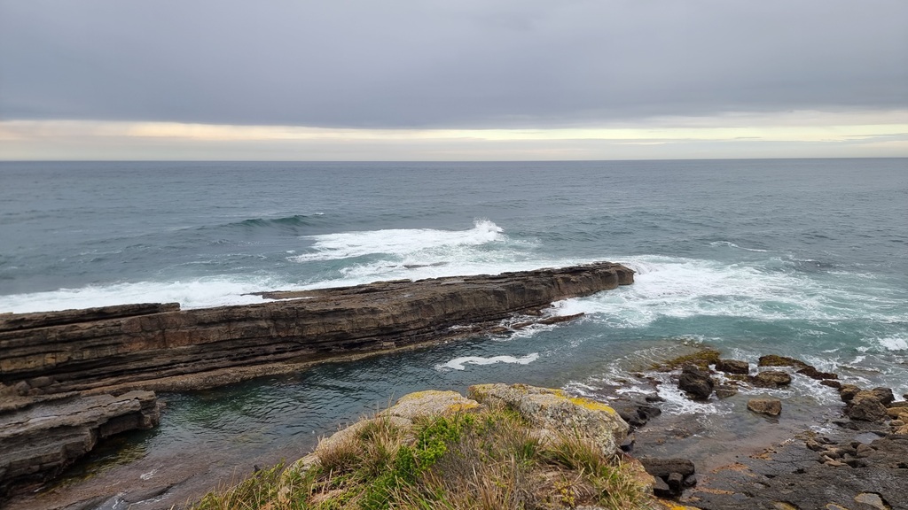 A wide-angle landscape shot taken from Penguin Head Lookout. In the foreground, rocky cliffs covered in patches of green grass and yellow lichen overlook a long, flat rock platform extending into the ocean. Waves crash against the dark, layered rocks under an expansive, overcast grey sky.