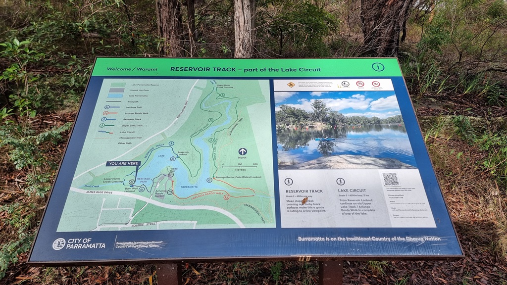 A large outdoor information sign at Lake Parramatta showing a detailed map of the Reservoir Track and Lake Circuit walking trails. The sign includes a "You Are Here" marker near the dam wall, trail difficulty ratings, and a photo of the lake with a blue kayak.