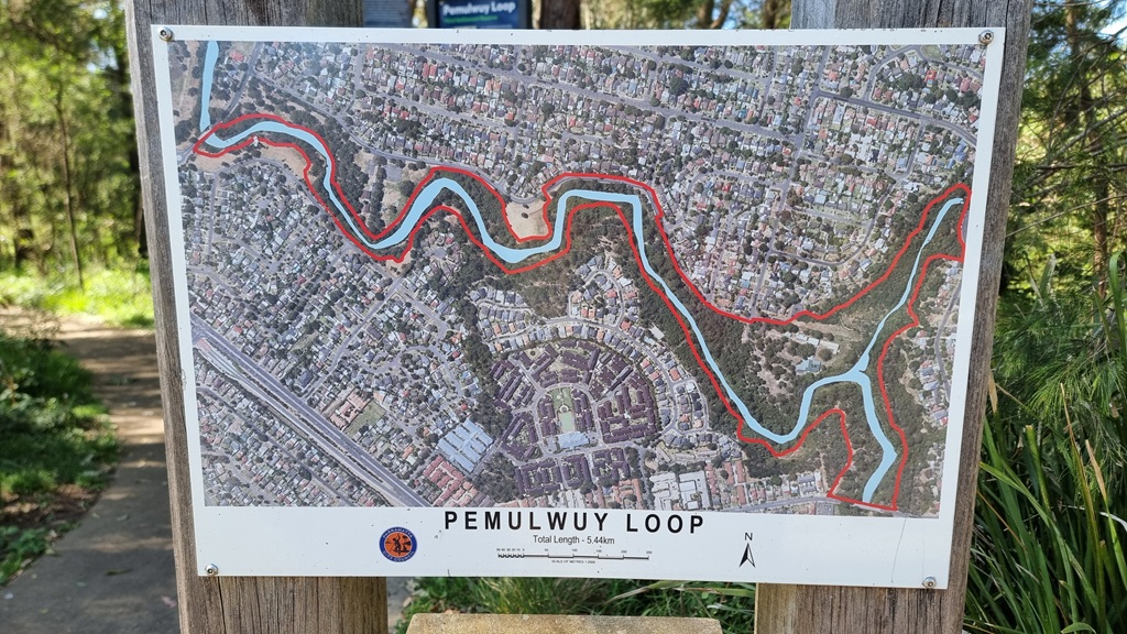 An official City of Parramatta sign showing an aerial map of the Pemulwuy Loop walking track highlighted in red along the creek.
