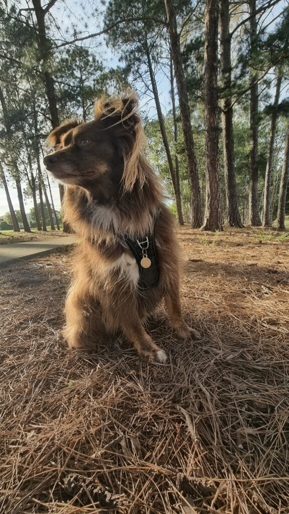 A brown Miniature American Shepherd wearing a black harness sits on a thick bed of dry pine needles in a forest at Balcombe Heights Estate