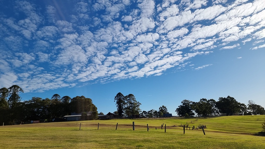 A wide landscape view of rolling green hills and rustic wooden fence posts at Bella Vista Farm on a clear day. In the distance, farm sheds and historic outbuildings sit nestled among thick clusters of mature trees and tall pine ridges. The top half of the frame is dominated by a brilliant blue sky filled with an expansive, textured pattern of small, fluffy white altocumulus clouds stretching across the horizon.