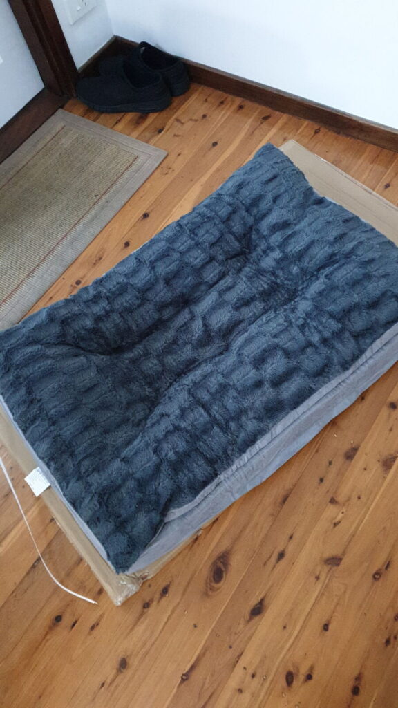 A top-down view of a rectangular grey, textured plush Pawz memory foam orthopaedic dog bed resting on polished timber flooring near a door mat.