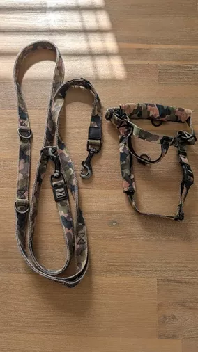 Flat lay view of the complete Stylish Hound camo set including the multi-function lead and On Duty harness with anti-chafe sleeves on a timber floor.
