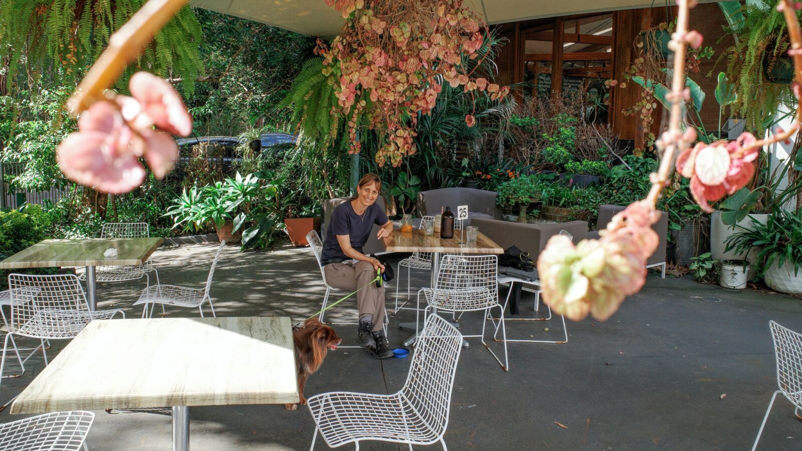 A woman smiles while sitting at a wooden outdoor café table tucked under large hanging ferns, holding a green lead attached to her fluffy reddish-brown dog, Monte, who rests on the ground beside her.