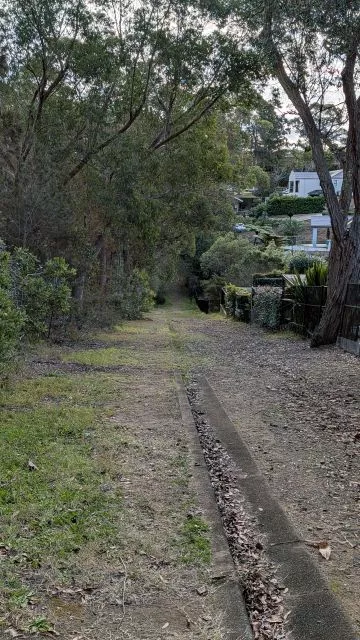 A grassy and dirt pathway running along the edge of the treeline near residential houses on the Burraga Track in Bidjigal Reserve