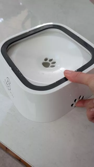 A hand pressing down on the floating plate of a white and grey All Fur You splash-proof dog water bowl, showing the central paw-shaped water inlet and side handle cutout.