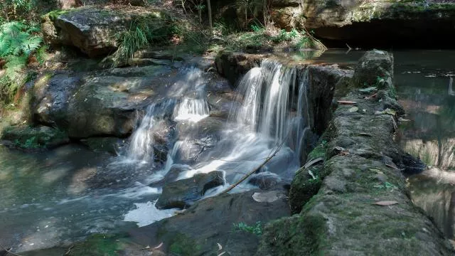 A small cascading waterfall flowing over a mossy stone weir and rocks into a calm pool on the Burraga Track in Bidjigal Reserve